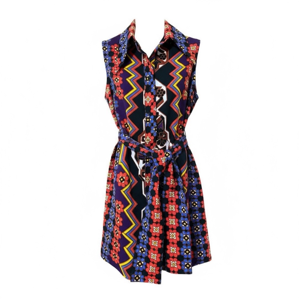 Vintage 1970s LANVIN Paris
Women's Shirt Dress, Size 14 Multicolor Geometric